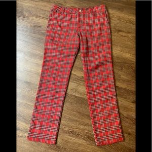 Vintage 90s/Y2K Lip Service Red Plaid Pants Pleather Side Strip Punk Goth Large